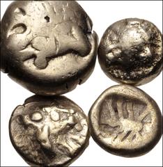 Large Lots GREEK. Asia Minor. Lot of four (4) Electrum Fractions. Includes: CARIA, Mylasa. Mid 6th century BC. EL Forty-eighth Stater. Facing lion's head / Scorpion. Weidauer Group XXXIII, 166–7; SNG 