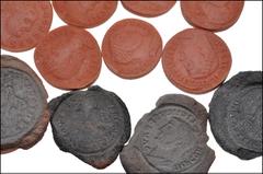 Large Lots ROMAN. Imperial. Lot of four (4) terracotta counterfeiter's molds. All items: Two-sided molds for Folles of: Maximinus/Licinius // Galeria Valeria/Maximinus // Maximianus/Licinius // Consta