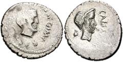 Julius Caesar and Mark Antony. 43 BC. AR Denarius (20mm, 3.96 g). Military mint traveling with Antony in Cisalpine Gaul. Head of Mark Antony right; lituus behind / Laureate head of Julius Caesar right
