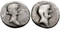 Mark Antony and Cleopatra. 33/32 BC. AR Denarius (17mm, 2.24 g). Ephesus mint? Bare head of Antony right; Armenian tiara behind / Diademed and draped bust of Cleopatra right; prow before. Crawford 543