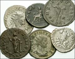 ROMAN. Imperial. Lot of six AR Denarii and Antoniniani. Includes: AR Denarii: Vespasian. AD 69-79. Rome mint. Struck AD 73. Laureate head right / Salus seated left, holding patera and cornucopiae. RSC