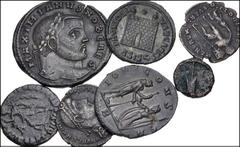 Large Lots ROMAN. Imperial. Lot of seven (7) coins. Includes: Antoninianus of Aurelian // Æ Follis of Galerius, as Caesar // Æ Follis of Constantius II, as Caesar // Æ Folles of Valentinian I (2) // Æ