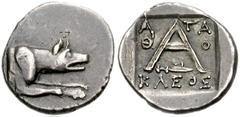 ARGOLIS, Argos. Circa 90-50 BC. AR Triobol (15mm, 2.27 g, 1h). Agathokleos, magistrate. Forepart of wolf at bay right / A-ΓA/Θ-O/KΛEOΣ in three lines around large A; harpa right below. BCD Peloponneso