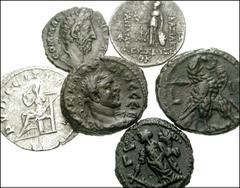ANCIENT. Miscellaneous. Lot of six-AR, BI Tetradrachms, and a Greek AR Drachm. Commodus. AD 177-192. AR Denarius. Laureate head right / Felicitas standing left, holding caduceus and cornucopiae. RSC 1