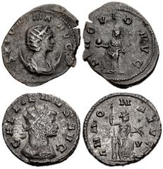 Valerianic Dynasty – Rome mint Lot of two (2) coins. 190a Salonina. Augusta, AD 254-268. Antoninianus (21mm, 2.69 g, 12h). Rome mint. 7th issue, AD 262. SALONINA AVG, diademed and draped bust right on