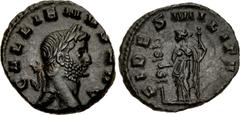 Valerianic Dynasty – Rome mint Gallienus. AD 253-268. Denarius (16.5mm, 2.49 g, 5h). Rome mint. 9th issue, AD 265+. GALLIENVS AVG, laureate head right / FIDES MILITVM, Fides standing left, holding sta