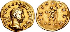 Valerianic Dynasty – Viminacium mint Gallienus. AD 253-268. AV Aureus (19.5mm, 3.56 g, 6h). Viminacium mint. Issue 2c. IMP GALLIENVS P AVG, laureate, draped, and cuirassed bust right / VIRTVS AVGG, em