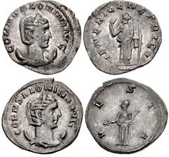 Valerianic Dynasty – Viminacium mint Lot of two (2) coins. 296a Salonina. Augusta, AD 254-268. Antoninianus (21mm, 2.44 g, 12h). Viminacium mint. CORN SALONINA AVG, diademed and draped bust right on c