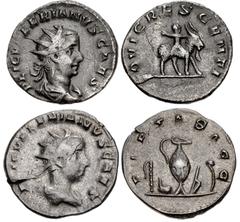 Valerianic Dynasty – Viminacium mint Lot of two (2) coins. 298a Valerian II. Caesar, AD 256-258. Antoninianus (20.5mm, 2.59 g, 7h). Viminacium mint. P LIC VALERIANVS CAES, radiate and draped bust righ