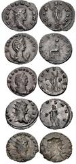 Valerianic Dynasty – Mediolanum (Milan) mint Lot of five (5) coins. 445a Gallienus. AD 253-268. Antoninianus (23mm, 2.93 g, 4h). Mediolanum (Milan) mint, 2nd officina. Issue 5, AD 265. GALLIENVS AVG, 