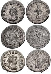 Valerianic Dynasty – Antioch mint Lot of three (3) coins. 510a Gallienus. AD 253-268. Antoninianus (21mm, 4.55 g, 5h). Antioch mint. Issues 11-12, AD 264-265. GALLIENVS AVG, radiate, draped, and cuira