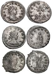 Valerianic Dynasty – Antioch mint Lot of three (3) coins. 512a Gallienus. AD 253-268. Antoninianus (22mm, 4.01 g, 5h). Antioch mint. Issues 11-12, AD 264-265. GALLIENVS AVG, radiate, draped, and cuira