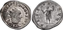 Valerianic Dynasty – Trial Strikings Valerian I. AD 253-260. Antoninianus (23mm, 2.65 g, 6h). Overstruck on denarius of Severus Alexander. [IMP C P LIC VAL]ERIANVS AV[G], radiate bust right / [IOVI CO