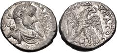 Selections from the Michel Prieur Collection PHOENICIA, Aradus. Macrinus. AD 217-218. AR Tetradrachm (25mm, 14.08 g, 12h). Laureate and draped bust right / Eagle standing facing, head and tail right, 