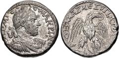 Selections from the Michel Prieur Collection PHOENICIA, Aradus. Macrinus. AD 217-218. AR Tetradrachm (26mm, 14.86 g, 12h). Laureate, draped, and cuirassed bust right / Eagle standing facing, head and 
