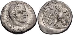 Selections from the Michel Prieur Collection PHOENICIA, Byblus. Macrinus. AD 217-218. AR Tetradrachm (24mm, 12.73 g, 1h). Laureate, draped, and cuirassed bust right / Eagle standing facing, head and t