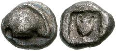 BOEOTIA, Thebes. Circa 460s-440s BC. AR Hemiobol (6mm, 0.44 g). Half Boiotian shield / Amphora; all within square incuse. BCD Boiotia 366. VF, toned, light porosity. From the BCD Collection. Ex Coin G