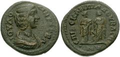 LYDIA, Bagis. Julia Domna. Augusta, AD 193-217. Æ 23mm (7.70 g). Asklepiados, archon. Draped bust right / EΠI ACKΛEΠIAΔOV BAΓHN-ΩN, Hygeia, on left, standing right, holding serpent, facing Asklepios, 