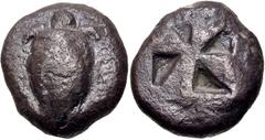 Greek ISLANDS off ATTICA, Aegina. Circa 525-480 BC. AR Stater (18mm, 12.49 g). Sea turtle, head in profile, [with thin collar and row of dots down its back] / Incuse square with mill-sail pattern. Mea