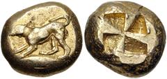 Greek MYSIA, Kyzikos. Circa 550-450 BC. EL Stater (17mm, 16.15 g). Hound at bay, on tunny, left / Quadripartite incuse square. FSD SHM 1200 = Hermitage (Exhibition) 112 = Hermitage Sale II 1157 corr. 