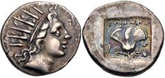 Greek ISLANDS off CARIA, Rhodos. Rhodes. Circa 88-84 BC. AR Drachm (15.5mm, 2.74 g, 12h). 'Plinthophoric' coinage. Euphanes, magistrate. Radiate head of Helios right / Rose with bud to left; EYΦANHΣ a