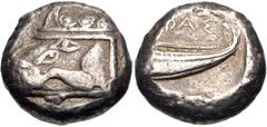 Greek LYCIA, Phaselis. Circa 500-440 BC. AR Stater (19mm, 11.09 g, 12h). Prow of galley left in the form of a forepart of a boar / Stern of galley right within incuse square. Heipp-Tamer Series 4, Emi