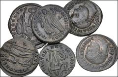 Large Lots ROMAN. Imperial. Lot of six (6) late Roman bronzes. Includes: Licinius I. Æ Follis (4) // Constantine I. Æ Follis // Constantius II. Æ Follis. VF to Good VF, green patina. LOT SOLD AS IS, N
