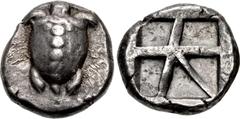 Greek ISLANDS off ATTICA, Aegina. Circa 480-457 BC. AR Stater (20.5mm, 12.34 g, 3h). Sea turtle, head in profile, with 'T-back' design on shell / Large square incuse with skew pattern. Meadows, Aegina