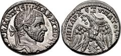 Roman Provincial SELEUCIS and PIERIA, Emesa. Macrinus. AD 217-218. AR Tetradrachm (25mm, 12.52 g, 6h). Officina O. Laureate head right / Eagle standing facing, head and tail left, with wings spread, h