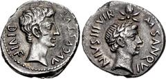 Roman Imperial Augustus, with Divus Julius Caesar. 27 BC-AD 14. AR Denarius (19.5mm, 3.31 g, 8h). Rome mint; M. Sanquinius, moneyer. Struck 17 BC. Bare head of Augustus right / Youthful, laureate head