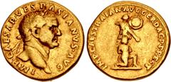 Roman Imperial Vespasian. AD 69-79. AV Aureus (17.5mm, 6.89 g, 6h). "Judaea Capta" Restitution issue of Trajan. Rome mint. Struck circa AD 107 or 112/113. IMP • CAESAR • VESPASIANVS • AVG, laureate he