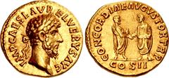 Roman Imperial Lucius Verus. AD 161-169. AV Aureus (19mm, 7.07 g, 6h). Rome mint. Struck AD 161. IMP CΛES L ΛVREL VERVS ΛVG, laureate head right / CONCORDIAE AVGVSTOR TR P, COS II in exergue, Lucius V