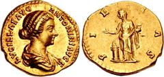 Roman Imperial Lucilla. Augusta, AD 164-169. AV Aureus (18.5mm, 7.32 g, 12h). Rome mint. Struck under Marcus Aurelius and Lucius Verus, AD 161-162. LVCILLΛE ΛVG ΛNTONINI ΛVG F, draped bust right, hair