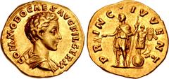 Roman Imperial Commodus. As Caesar, AD 166-177. AV Aureus (20mm, 7.29 g, 5h). Rome mint. Struck under Marcus Aurelius and Lucius Verus, AD 175. COMMODO CAES AVG FIL GERM, bareheaded, draped, and cuira