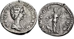 Roman Imperial Manlia Scantilla. Augusta, AD 193. AR Denarius (18mm, 2.95 g, 11h). Rome mint. Struck under Didius Julianus. Draped bust right / Juno standing left, holding patera and vertical scepter;