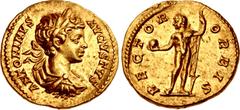 Roman Imperial Caracalla. AD 198-217. AV Aureus (19.5mm, 7.25 g, 6h). Rome mint. Struck AD 200-201. ANTONINVS AVGVSTVS, laureate, draped, and cuirassed bust right / RECTOR ORBIS, Caracalla (as Sol), r