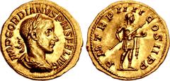 Roman Imperial Gordian III. AD 238-244. AV Aureus (20mm, 4.85 g, 12h). Rome mint, 5th officina. 9th emission, AD 241. IMP GORDIANVS PIVS FEL AVG, laureate, draped, and cuirassed bust right / P M TR P 
