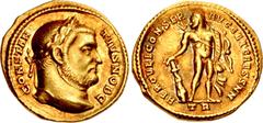 Roman Imperial Constantius I. As Caesar, AD 293-305. AV Aureus (17.5mm, 4.91 g, 6h). Treveri (Trier) mint. Struck AD 303-305. CONSTAN TIVS NOB C, laureate head right / HERCVLI CONSER AVGG ET CAESS N N