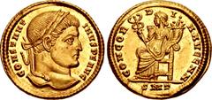 Roman Imperial Constantine I. AD 307/310-337. AV Solidus (19mm, 4.38 g, 6h). Ticinum mint. Struck AD 320. CONSTANT-INVS P F AVG, laureate head right / CONCORD-I-A AVGG NN, Concordia seated left, holdi