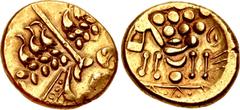British CELTIC, Atrebates & Regni. Uninscribed. Circa 75-30 BC. AV Stater (19mm, 6.32 g). Westerham South (Atrebatic A) type. Southern mint. Struck circa 75-60 BC. Devolved head of Apollo right / Celt