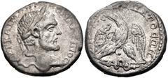 Selections from the Michel Prieur Collection JUDAEA, Caesarea Maritima. Macrinus. AD 217-218. AR Tetradrachm (25.5mm, 13.83 g, 12h). Laureate head right / Eagle standing facing on serpent-entwined tor