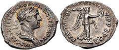 Roman Imperial Trajan. AD 98-117. AR Quinarius (15mm, 0.99 g, 6h). Rome mint. Struck circa AD 116-117. IMP CAES NER TRAIAN OPTIM AVG GERM DAC, laureate and draped bust right / PARTHICO P M TR P COS VI