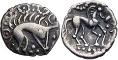 British CELTIC, Iceni. Uninscribed. Circa 65-1 BC. AR Unit (15mm, 1.01 g, 9h). Norfolk Boar Triadic (Icenian C) type. Stylized boar right with pellet on front; triad of pellets below / Horse right; wh