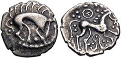 British CELTIC, Iceni. Uninscribed. Circa 65-1 BC. AR Unit (13.5mm, 1.06 g, 6h). Norfolk Boar "Phallic" (Icenian C) type. Stylized boar right with pellet on front; pellet below / Horse right; wheel ab