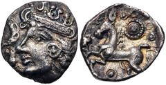 British CELTIC, Iceni. Uninscribed. Circa 50-40 BC. AR Unit (13mm, 1.29 g, 5h). Bury Diadem (Gallo-Belgic XD) type. Uncertain mint in the upper Yare valey. Diademed female head left; snake symbol to l