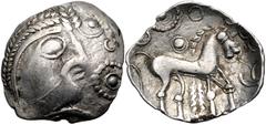 British CELTIC, Iceni. Uninscribed. Circa 65-1 BC. AR Unit (15.5mm, 1.15 g, 7h). Early Face/Horse type. Struck circa 50-30 BC. Male head right; to right, pellet-in-annulet above crescent above pellet-