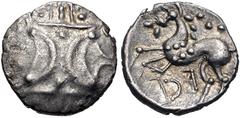 British CELTIC, Iceni. Ecen. Circa AD 25-38. AR Unit (13mm, 1.25 g). Ece Six (Icenian K) type. Two opposed crescents with pellets between, superimposed upon band of three lines surrounded by two lines