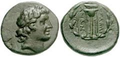 LYDIA, Tralleis. 2nd-1st century BC. Æ 20mm (5.41 g). Laureate head of Apollo right / Tripod within laurel wreath. SNG Copenhagen 670-1. VF, dark green patina.