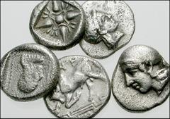 GREEK. Asia Minor. Lot of five AR Fractions. Aeolis, Elaia. AR Diobol. Head of Athena / Laurel wreath // Ionia, Magnesia. AR Hemidrachm. Horseman right / Bull left // Ionia, Magnesia. AR Obol. Head of