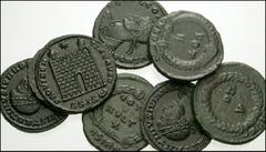 ROMAN. Imperial. Lot of seven Constantinian and Jovian Æ. Constantine I / camp gate; B SIS crescent // Constantine II as caesar / Two soldiers and two standards; E SIS // Same // Constantius II as Cae